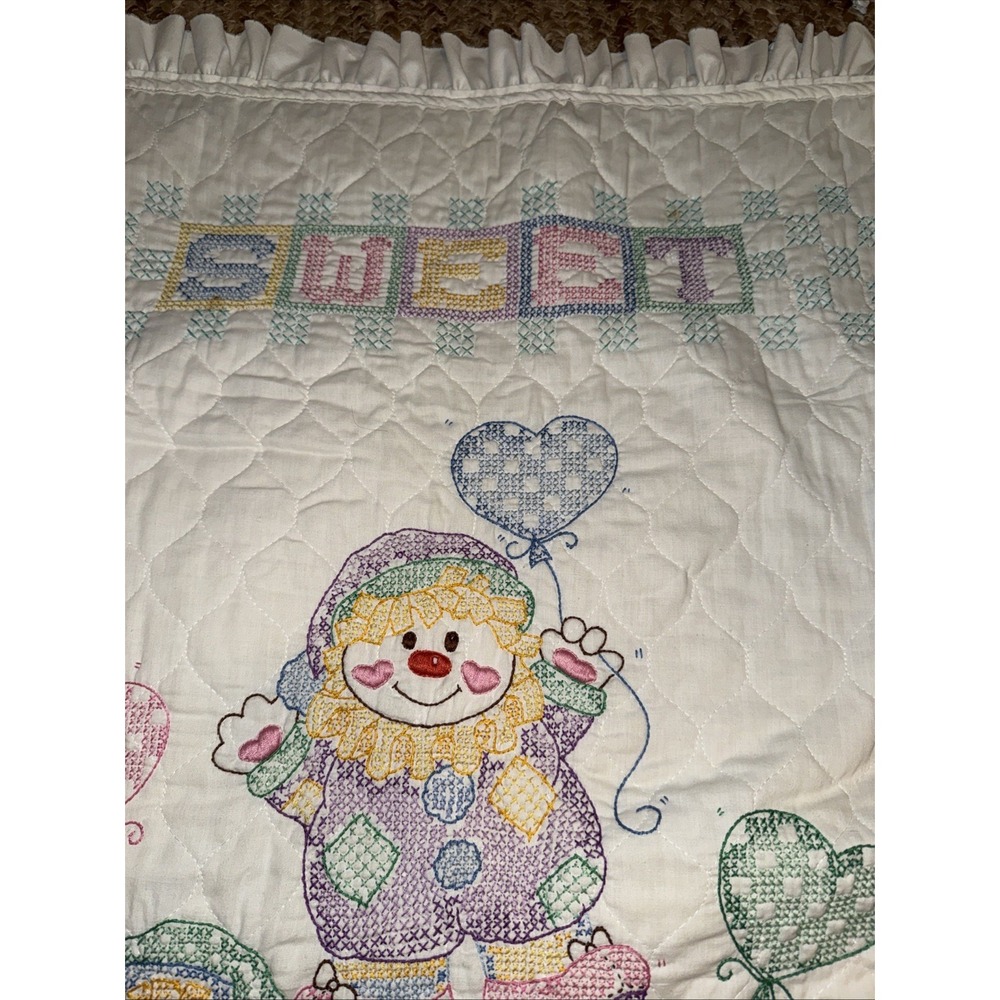 Sweet Dreams Baby Quilt Cross Stitch Throw Blanket‎ Clowns Balloons vintage - Picture 4 of 8